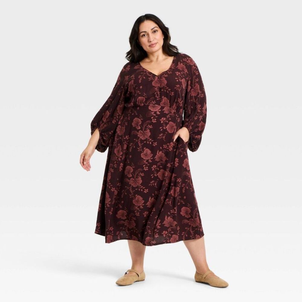 Women's Bishop Long Sleeve Midi A-Line Dress - Ava & Viv Burgundy Floral 2X